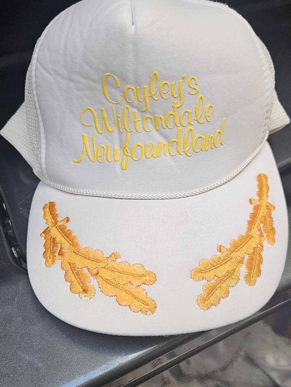 White Trucker Hat Gold Leaf Embroidery Coyley's Wiltondale Newfoundland Snap